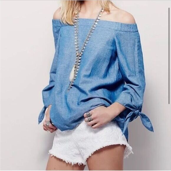 Free People Chambrey Linen Blend Off Shoulder Tunic Top - Picture 9 of 9